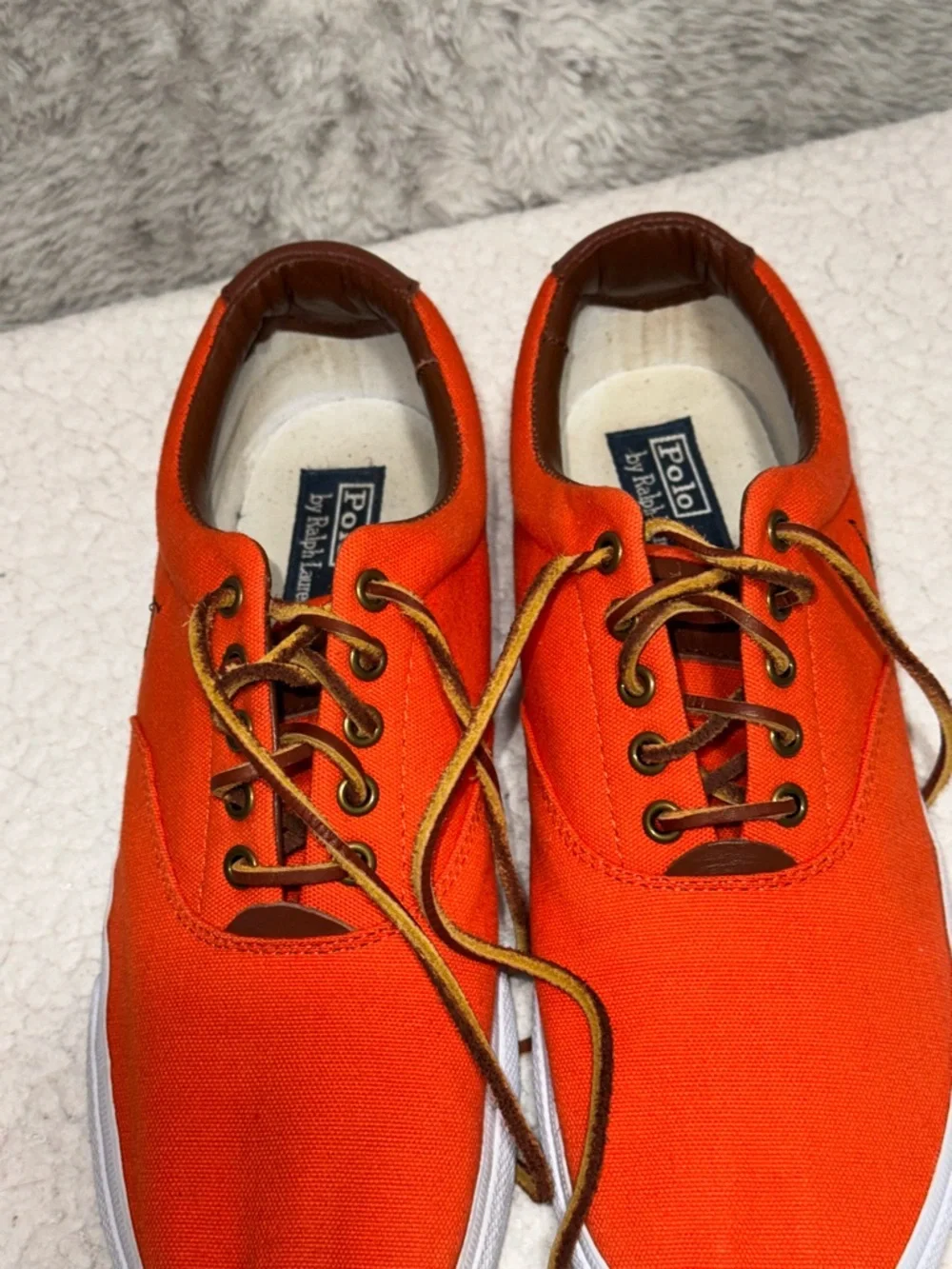 Polo by Ralph Lauren Vaughn Orange Canvas Sneakers with Brown Trim Men Sz 10.5D